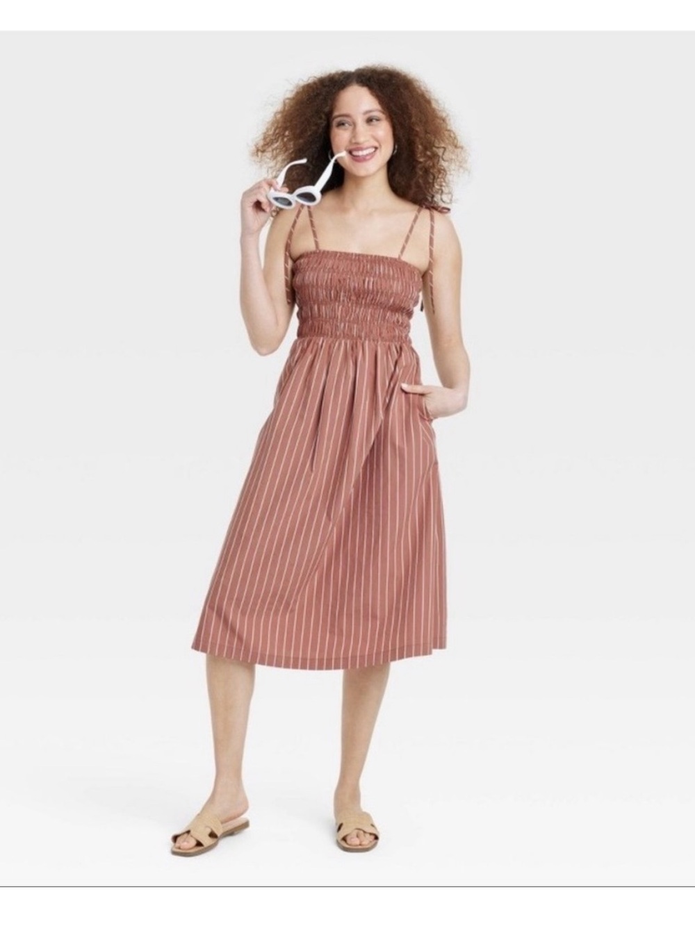 a new day Rust-Striped Smocked Midi Dress